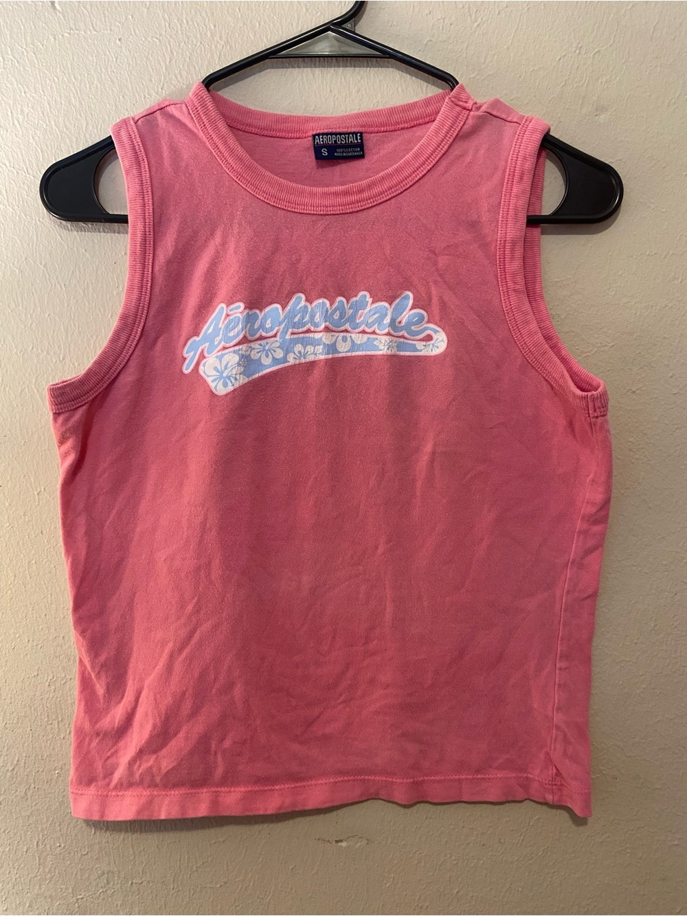 Aeropostale Y2K Vintage Pink Boxy Baby Tank SzS W Hawaiian Floral Logo